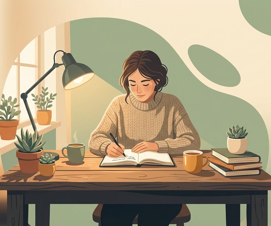 Person writing in a journal at a warm, cozy desk — journal prompts for anxiety