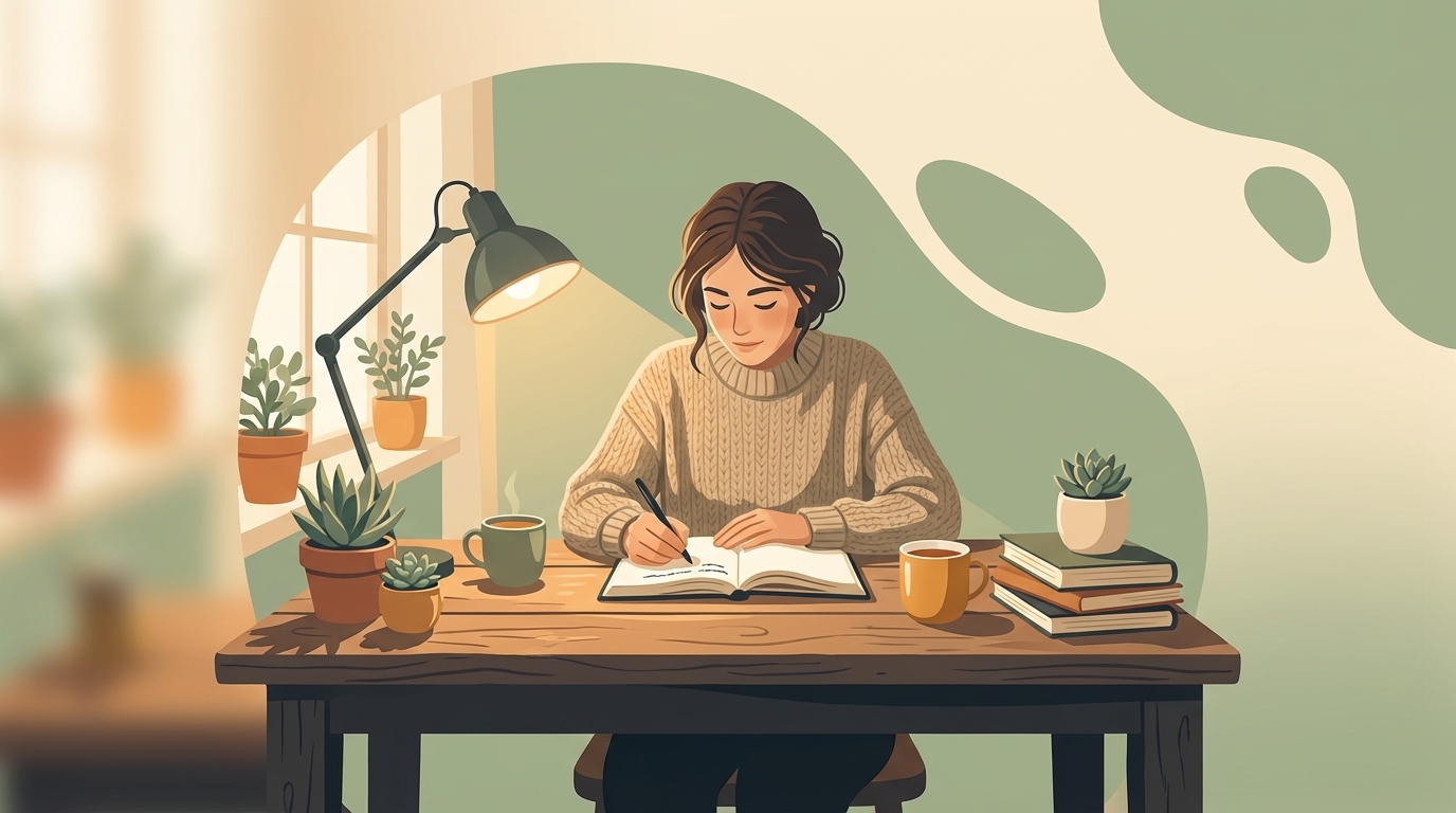 Person writing in a journal at a warm, cozy desk — journal prompts for anxiety